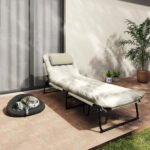 Folding Chaise Lounge Pool Chair with 4-level Reclining Back, Cushion, Side Pocket, Headrest, Beige - Image 8