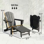 Folding Adirondack Chair Set of 2, HDPE Fire Pit Chair with Retractable Ottoman and Cup Holder, Black - Image 3