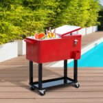 80 QT Rolling Cooling Bins Ice Chest on Wheels Outdoor Stand Up Drink Cooler Cart for Party, Red - Image 2