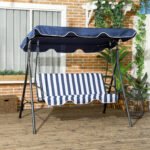 3-Seat Outdoor Patio Swing Chair with Cushion, Steel Frame Stand, Adjustable Tilt Canopy for Patio, Garden, Dark Blue - Image 2