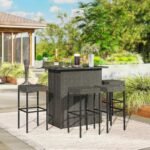 5 Piece Rattan Wicker Bar Set, High Top Outdoor Table and Chairs, Bar Height Patio Set, 2 Shelves & 4 Bar Stools, Gray - Image 2
