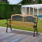 50" Outdoor Garden Bench, Park Patio Bench Loveseat, Wood & Metal Frame with Plastic Flourish Backrest, Natural Wood - Image 2