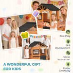 Wooden Kids Playhouse with Play Kitchen, Picnic Bench, Serving Station, Windows and Door for Backyard, Ages 3–8, Brown - Image 8