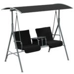 2-Seater Outdoor Porch Swing with Canopy and Table, Patio Swing Chair for Garden, Poolside, Backyard, Black