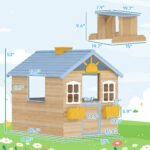 Wooden Playhouse for Kids Outdoor Garden with Working Door, Windows, Bench, Service Station, Flowers Pot Holder, Blue - Image 3
