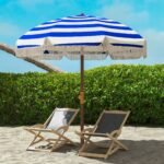 6.2' Beach Umbrella for Travel, Vent, Ruffles, Carry Bag, Portable Outdoor Umbrella for Garden, Blue Stripe - Image 2