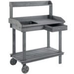 36'' Wooden Potting Bench Work Table with 2 Removable Wheels, Sink, Drawer & Large Storage Spaces, Gray
