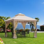 10' x 10' Patio Gazebo Canopy Outdoor Pavilion with Mesh Netting SideWalls, 2-Tier Polyester Roof, & Steel Frame, Beige - Image 2