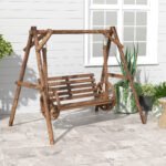 2-Seat Porch Swing with A-Frame Stand, Wooden Log Patio Swing Chair Bench with Wagon Wheel Armrests, Carbonized Brown - Image 7