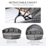 4 Piece Round Rattan Daybed, Convertible Patio Furniture Set, Adjustable Sun Canopy, Sectional Outdoor Sofa, 2 Chairs, Extending Tea Table Ottoman Chair, 3 Pillows, Gray - Image 5