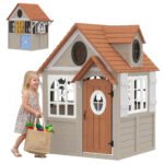 Outdoor Playhouse, Wooden Kids Playhouse with Dog Door, Cookware, Blackboard, Clock, Tic-Tac-Toe Roller for Backyard