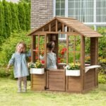 Kids Wooden Playhouse, Outdoor Garden Games Cottage with Flowers Pot Holder, Working Door, Windows, Brown - Image 2