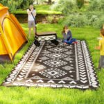 Reversible Outdoor Rug, Waterproof Plastic Straw with Carry Bag, 9' x 18', Black & White Rhombus Patchwork - Image 2