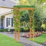 7' Wood Steel Outdoor Garden Arched Trellis Arbor with Natural Fir Wood & Side Panel for Climbing Vines, Orange - Image 2