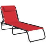 Folding Chaise Lounge Pool Chair with 4-Position Reclining Back, Pillow, Breathable Mesh & Bungee Seat, Wine Red