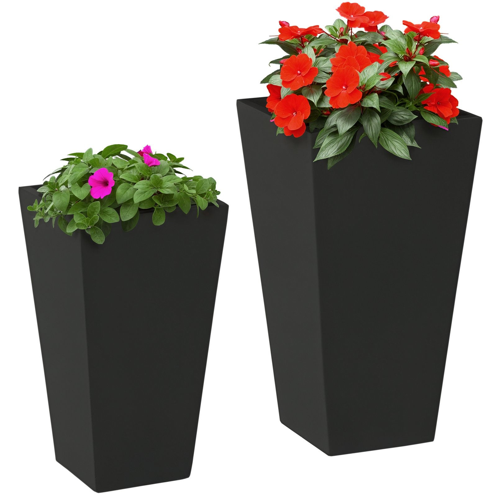 bfhe62197f73c0322.jpg 2-Pack Outdoor Planter Set, Flower Pots with Drainage Holes, Durable & Stackable Plant Pot, 22in & 18in, for Porch, Entryway, Patio, Yard, Garden, Black - Image 1
