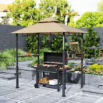 8' x 5' Outdoor Grill Gazebo, Barbecue Gazebo Shelter with LED Light, 2 Side Shelves, Hooks, Bottle Opener, Dark Brown - Image 2