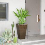 Set of 3 Tall Planters, 28" Outdoor Planter w/ Drainage Holes, Faux Wood Plastic Flower Pots, Brown - Image 3