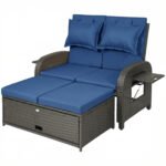 Patio Rattan Daybed, Wicker Outdoor Daybed with Storage Ottoman, Loveseat w/ Adjustable Backrest, Navy Blue