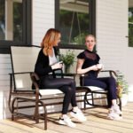 Outdoor Glider Bench with Center Table, Metal Frame Patio Loveseat with Breathable Mesh Fabric and Armrests for Backyard Garden Porch, Beige - Image 2