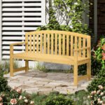 56" Outdoor Wood Bench, 2-Seater Garden Bench with Backrest and Armrest, Patio Bench for Patio, Porch, Poolside, Balcony, Natural - Image 2