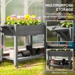 Wood Raised Planter Box, Elevated Garden Bed with Lockable Wheels, Side Tables, Bottom Shelf, Drain Holes, Gray - Image 4
