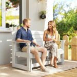 Patio Glider Bench w/ HDPE Slatted Double Rocking Chair, White - Image 2