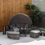 4 Piece Round Rattan Daybed, Convertible Patio Furniture Set, Adjustable Sun Canopy, Sectional Outdoor Sofa, 2 Chairs, Extending Tea Table Ottoman Chair, 3 Pillows, Gray - Image 2