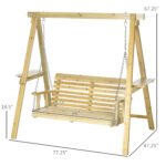 2-Seat orch Swing with Stand, Wooden Patio Swing Chair with Side Tables and Metal Chains, Outdoor Hanging Bench for Garden, Poolside, Backyard, Natural Wood - Image 3