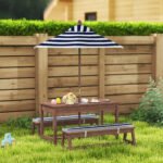 Outdoor Wooden Kids Picnic Table & Bench Set with Cushions and Umbrella, for Patio, Garden, Navy Blue - Image 2