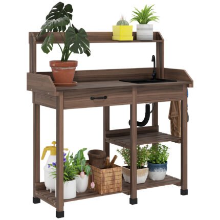 Potting Bench Table, 45" x 18" x 48", Outdoor Garden Table with Removable Sink, Faucet, Drawer, Shelves, Hooks, Dark Brown