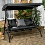 3-Seat Patio Swing Chair, Porch Swing Glider with Cushion, 3 Throw Pillows & Adjustable Canopy for Porch, Garden, Poolside, Backyard, Black - Image 2