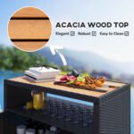 Outdoor Storage Cabinet with Acacia Wood Top, Two Doors, Shelf, Wicker Bar Table for Pool Towel Storage, Black - Image 6