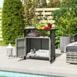 Outdoor Pool Towel Storage Cabinet Organizer, Outdoor Bar Table with Shelf and Cabinet, Pool Towel Holder Pool Valet with Weather-Resistant PE Rattan and Steel Frame, Gray - Image 8