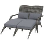 Wicker Adirondack Chair for 2 with Cushions & Footrests, PE Rattan Double Chaise Lounge Chair, Fire Pit Chair for Porch with High-back, Wide Armrests, Mixed Gray