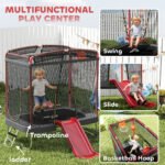 4 x 6FT Trampoline for Kids Indoor & Outdoor with Slide, Swing, Basketball Hoop and Safety Enclosure, Red - Image 8