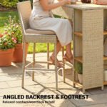 5 Piece Wicker Outdoor Bar Set, Acacia Wood Outdoor High Top Table and Chairs with 3 Tier Shelves, Cushions, Brown - Image 8