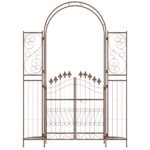7' Metal Garden Arbor, Garden Arch with Gate, Fleur De Lis Motif, Latching Doors, Planter Shelves for Climbing Vines, Ceremony, Weddings, Party, Garden, Backyard, Lawn, Brown - Image 8
