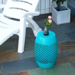 12" Steel Outdoor Side Table, Round Hollow Drum Patio End Table, Accent Table for Indoor and Outdoor, Blue - Image 2