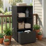 Valet Pool Towel Rack, Water-Resistant PE Plastic Rattan Wicker Storage Organizer, 2 Shelves, 1 Basket Drawer - Image 2