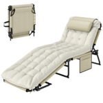 Folding Chaise Lounge Pool Chair with 4-level Reclining Back, Cushion, Side Pocket, Headrest, Beige