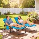 2 Piece Folding Chaise Lounge Pool Chairs with 5-level Reclining Back, Reading Hole, Side Pocket, Blue - Image 2