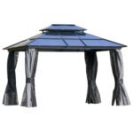 10' x 12' Hardtop Gazebo Canopy with Polycarbonate Roof, Aluminum Frame, Permanent Pavilion Outdoor Gazebo with Netting, for Patio, Garden, Backyard, Deck, Lawn, Light Gray