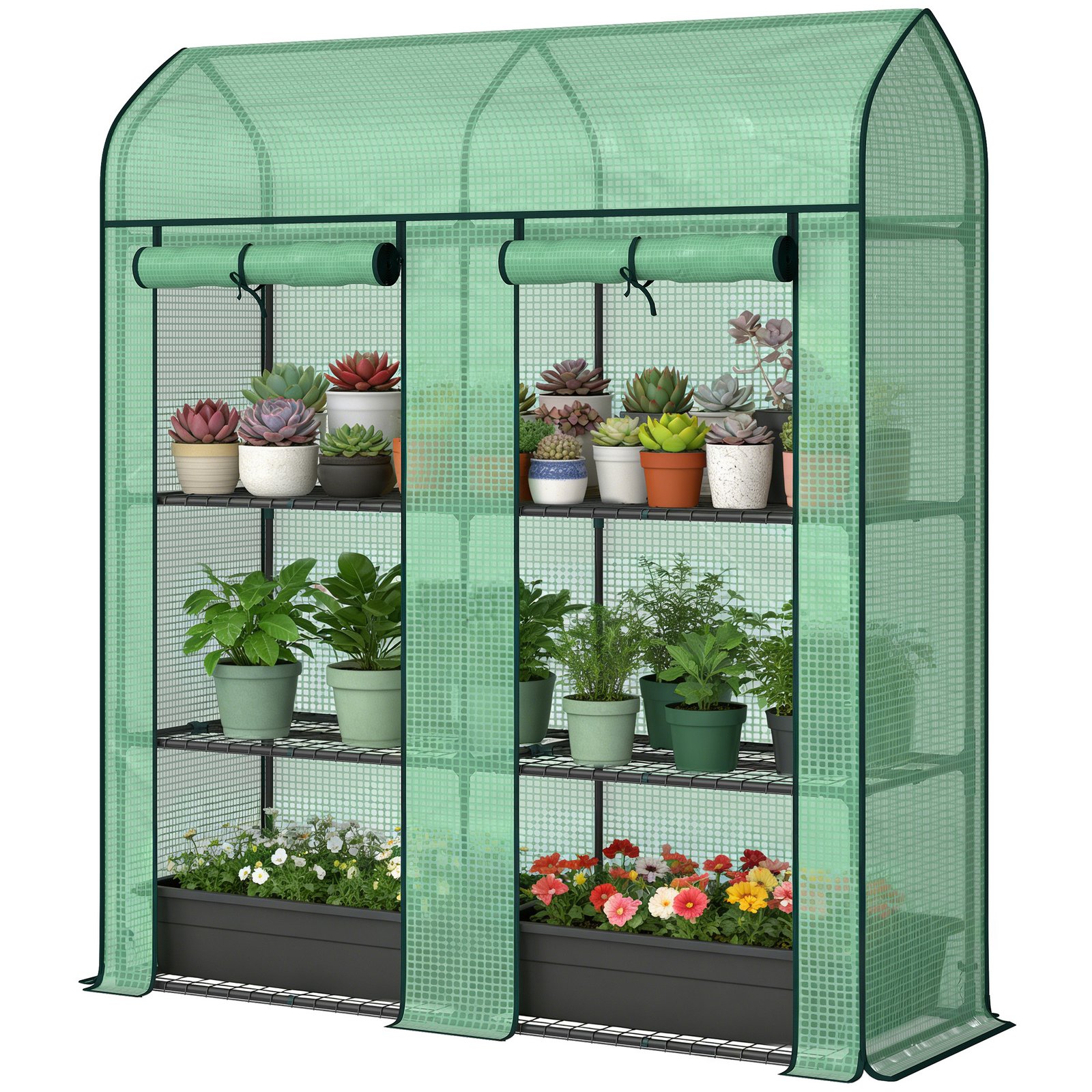 dwMa6e19da8886d15.jpg 3 Tier Mini Greenhouse, Small Portable Greenhouse with 2 Roll-up Doors, 56.3" x 18.1" x 65", Green - Image 1