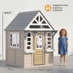 Outdoor Playhouse, Wooden Kids Playhouse with Dog Door, Cookware, Planter Box, Bell, Blackboard, Clock for Backyard - Image 3