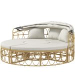 Patio Furniture Set, Round Outdoor Daybed with Retractable Canopy, Hollow Wicker PE Rattan Sectional Sofa with Washable Couch Cushions for Pool, Lawn, Cream White, 70" x 33.5" x 26.25"