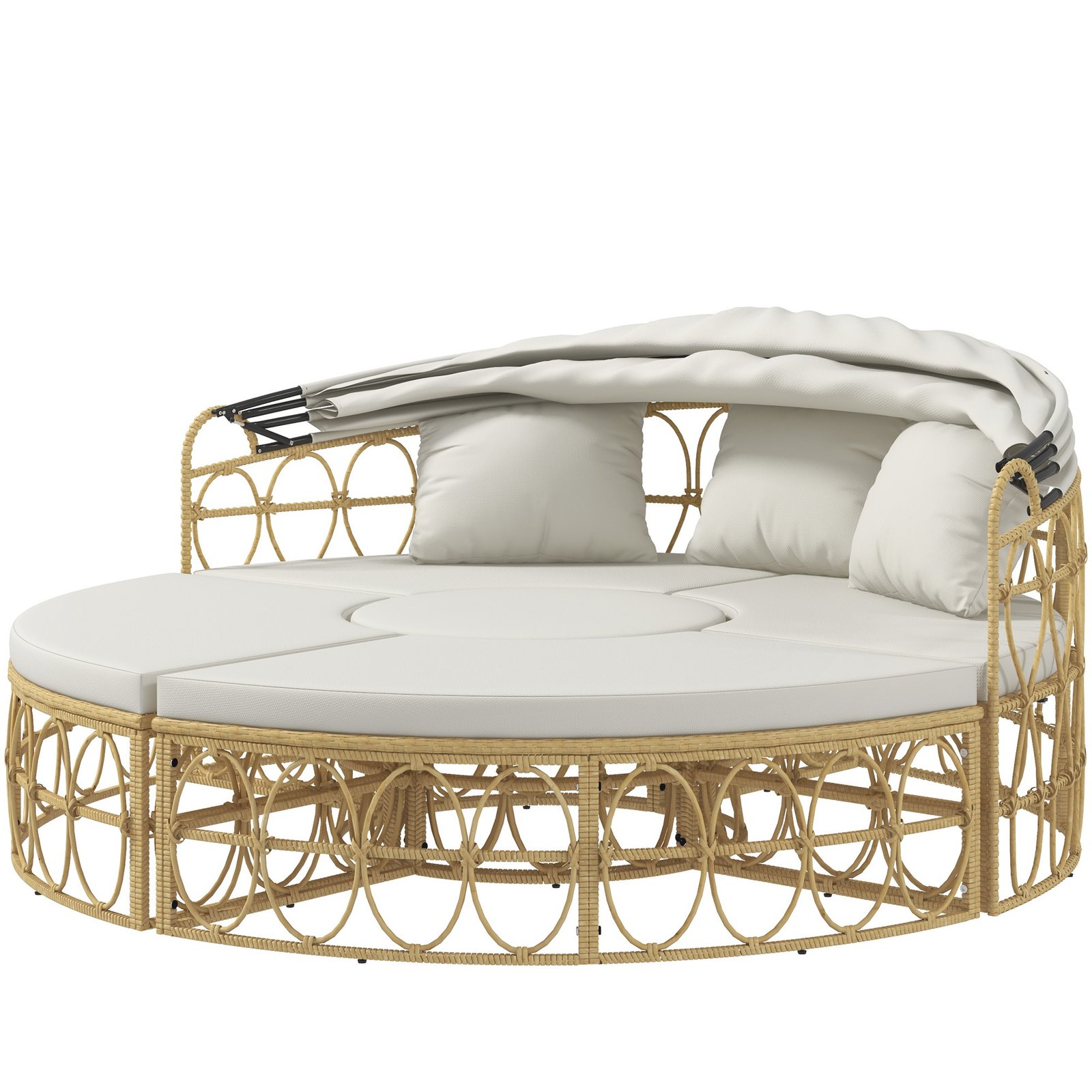 e1j6b219495d42e65.jpg Patio Furniture Set, Round Outdoor Daybed with Retractable Canopy, Hollow Wicker PE Rattan Sectional Sofa with Washable Couch Cushions for Pool, Lawn, Cream White, 70" x 33.5" x 26.25" - Image 1