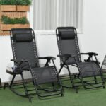 2 Outdoor Rocking Chairs Foldable Reclining Zero Gravity Lounge Rockers w/ Pillow Cup & Phone Holder, Black - Image 2
