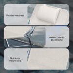 2 Piece Sun Loungers, Folding Chaise Lounge Chairs with Reclining Back, Breathable Mesh Seat, Headrest, Cream White - Image 6