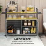 2-Tier Shelf PE Rattan Outdoor Bar Table, Glass Top Outdoor Serving Cart with Cabinet, Mixed Gray - Image 6